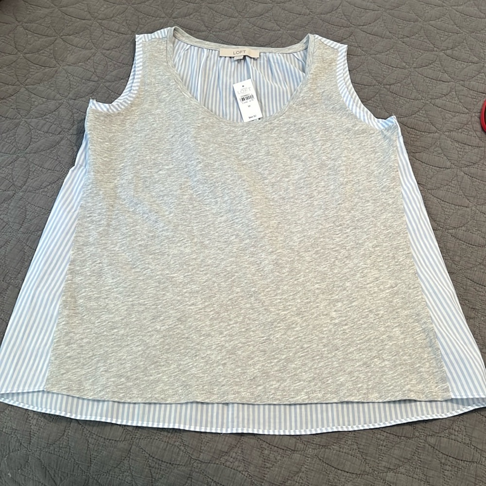 LOFT GRAY FRONT STRIPED BACK MIXED MEDIA SWING TANK TOP BLOUSE SIZE M NWT